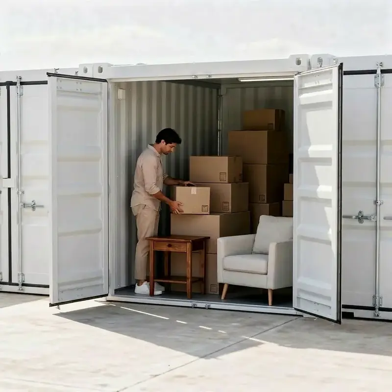 Geöffneter Lagercontainer mit Möbeln und Kartons